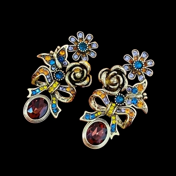 Floral Gemstone Drop Earrings Dangle Rhinestones - Picture 1 of 4